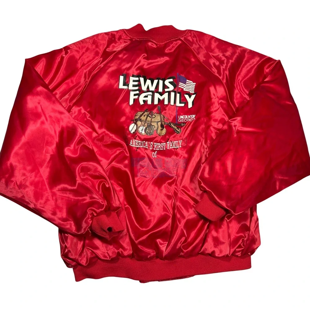 Vintage 80s Satin Bomber Jacket Red XXL Bridgeport Lewis Family Bluegrass Gospel